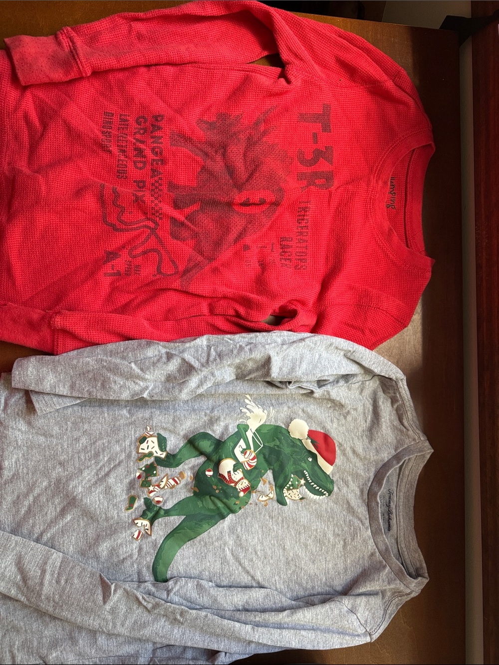 Red Waffle-Knit Graphic long sleeve and dino christmas long sleeve